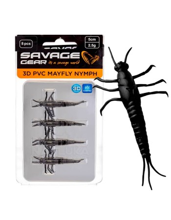 Силиконови примамки Savage Gear 3D PVC Mayfly Nymph, Black, 5 см, 2.5 г, 8 бр.