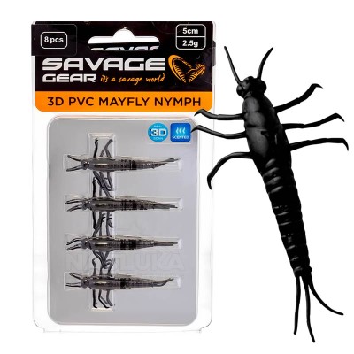 Силиконови примамки Savage Gear 3D PVC Mayfly Nymph, Black, 5 см, 2.5 г, 8 бр.