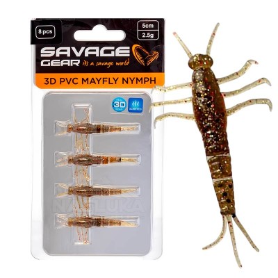 Силиконови примамки Savage Gear 3D PVC Mayfly Nymph, Brown Glitter, 5 см, 2.5 г, 8 бр.