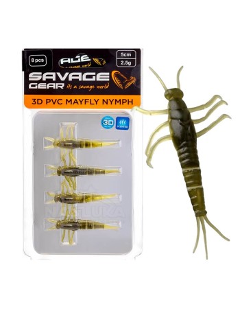 Силиконови примамки Savage Gear 3D PVC Mayfly Nymph, Green, 5 см, 2.5 г, 8 бр.