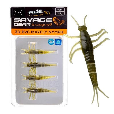 Силиконови примамки Savage Gear 3D PVC Mayfly Nymph, Green, 5 см, 2.5 г, 8 бр.