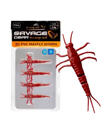 Силиконови примамки Savage Gear 3D PVC Mayfly Nymph, Red, 5 см, 2.5 г, 8 бр.