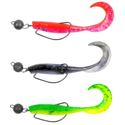 Сет силиконови примамки с куки и чебурашки Zebco Demonic Curly Tails, Fluoro, 7.5 см, 3 бр.