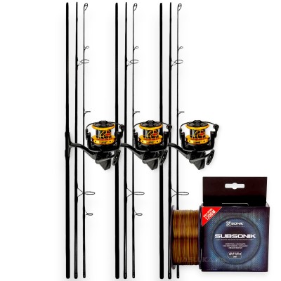 Комплект от 3 въдици, 3 макари и влакно за шаран Sonik Carp x3 Set