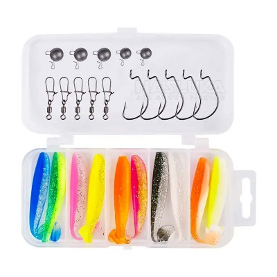 Комплект силиконови шадове,чебурашки и офсетни куки Sokudo Shad Mix, 26 бр.