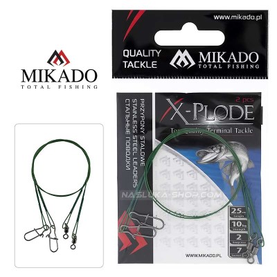 Стоманени поводи за риболов на хищници Mikado X-Plode, 10 кг, 25 см, 2 бр.