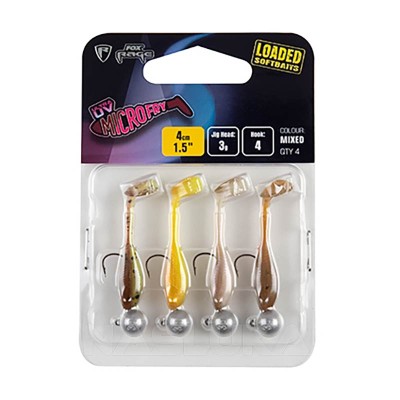 Комплект от 4 силиконови шада с джиг глави Fox Rage Micro Fry UV Loaded 4 см, 3 г, Mixed