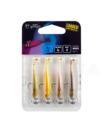 Комплект от 4 силиконови шада с джиг глави Fox Rage Micro Tiddler Fast UV Loaded 5 см, 3 г, Mixed