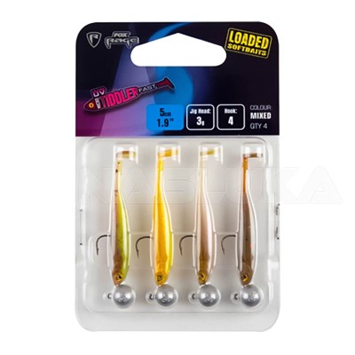Комплект от 4 силиконови шада с джиг глави Fox Rage Micro Tiddler Fast UV Loaded 5 см, 3 г, Mixed