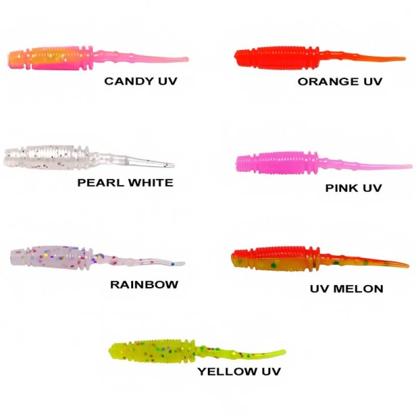 Силиконови примамки Ryuji Rock Worm 4 см, 12 бр., цвят UV Melon — снимка 2