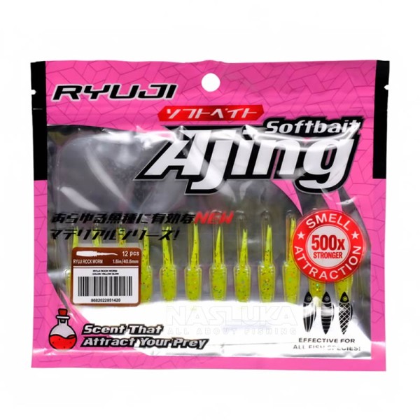Силиконови примамки Ryuji Rock Worm 4 см, 12 бр., цвят UV Melon — снимка 3