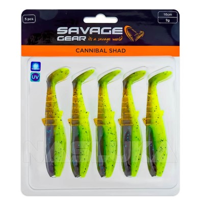 Комплект от 5 бр. силиконови примамки Savage Gear Cannibal Shad 10 см/9 г, Chartreuse Pumpkin
