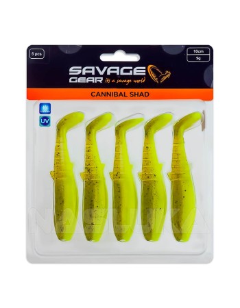 Комплект от 5 бр. силиконови примамки Savage Gear Cannibal Shad 8 см, 5 г, Green Pearl Yellow