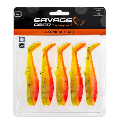 Комплект от 5 бр. силиконови примамки Savage Gear Cannibal Shad 10 см/9 г, Lemon Cracker