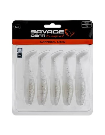 Комплект от 5 бр. силиконови примамки Savage Gear Cannibal Shad 10 см/9 г, White Flash