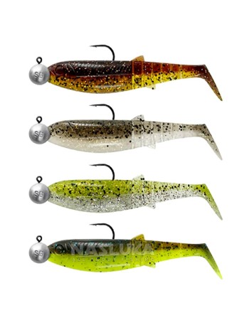Комплект от 4 шада с джиг глави 9 г, SG Cannibal Shad Clearwater Mix 10 см
