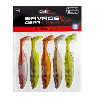 Комплект от 5 бр. силиконови примамки Savage Gear Fat Minnow T-Tail 10.5 см/11 г, Clearwater Mix