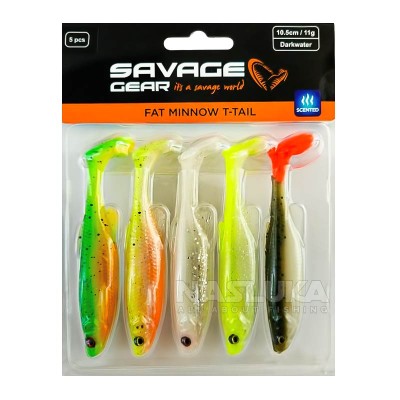 Комплект от 5 бр. силиконови примамки Savage Gear Fat Minnow T-Tail 10.5 см, 11 г, Darkwater Mix
