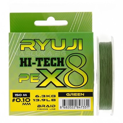 Плетено 8-нишково влакно Ryuji Hi-Tech Pe x8 Braid, Green, 150 м