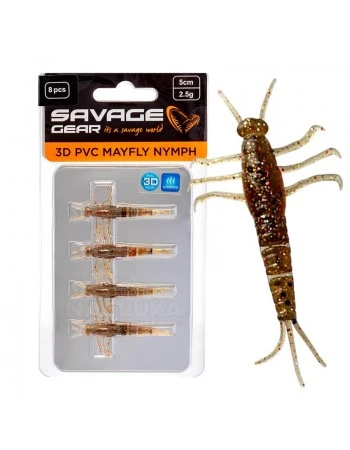 Силиконови примамки Savage Gear 3D PVC Mayfly Nymph, Brown Glitter, 5см, 2.5г, 8 бр.