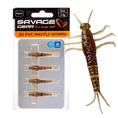 Силиконови примамки Savage Gear 3D PVC Mayfly Nymph, Brown Glitter, 5см, 2.5г, 8 бр.