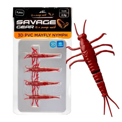 Силиконови примамки Savage Gear 3D PVC Mayfly Nymph, Red, 5см, 2.5г, 8 бр.