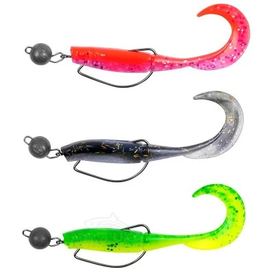 Сет силиконови примамки с куки и чебурашки Zebco Demonic Curly Tails, Fluoro, 7.5см, 3 бр.