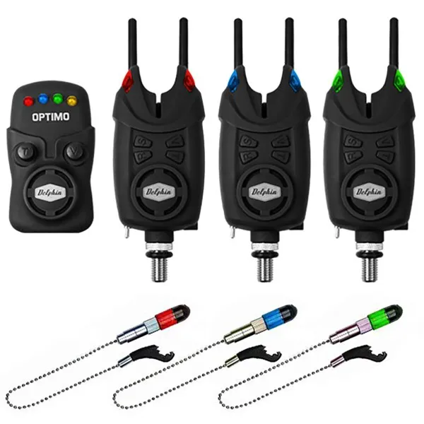Комплект шаранджийски сигнализатори и обтегачи Delphin Optimo 9V 3+1 — снимка 1