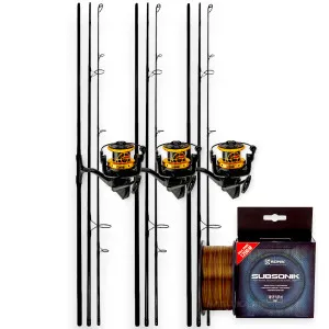 Комплект от 3 въдици, 3 макари и влакно за шаран Sonik Carp x3 Set Комплект от 3 въдици, 3 макари и влакно за шаран Sonik Carp x3 Set