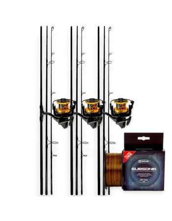Комплект от 3 въдици, 3 макари и влакно за шаран Sonik Carp x3 Set