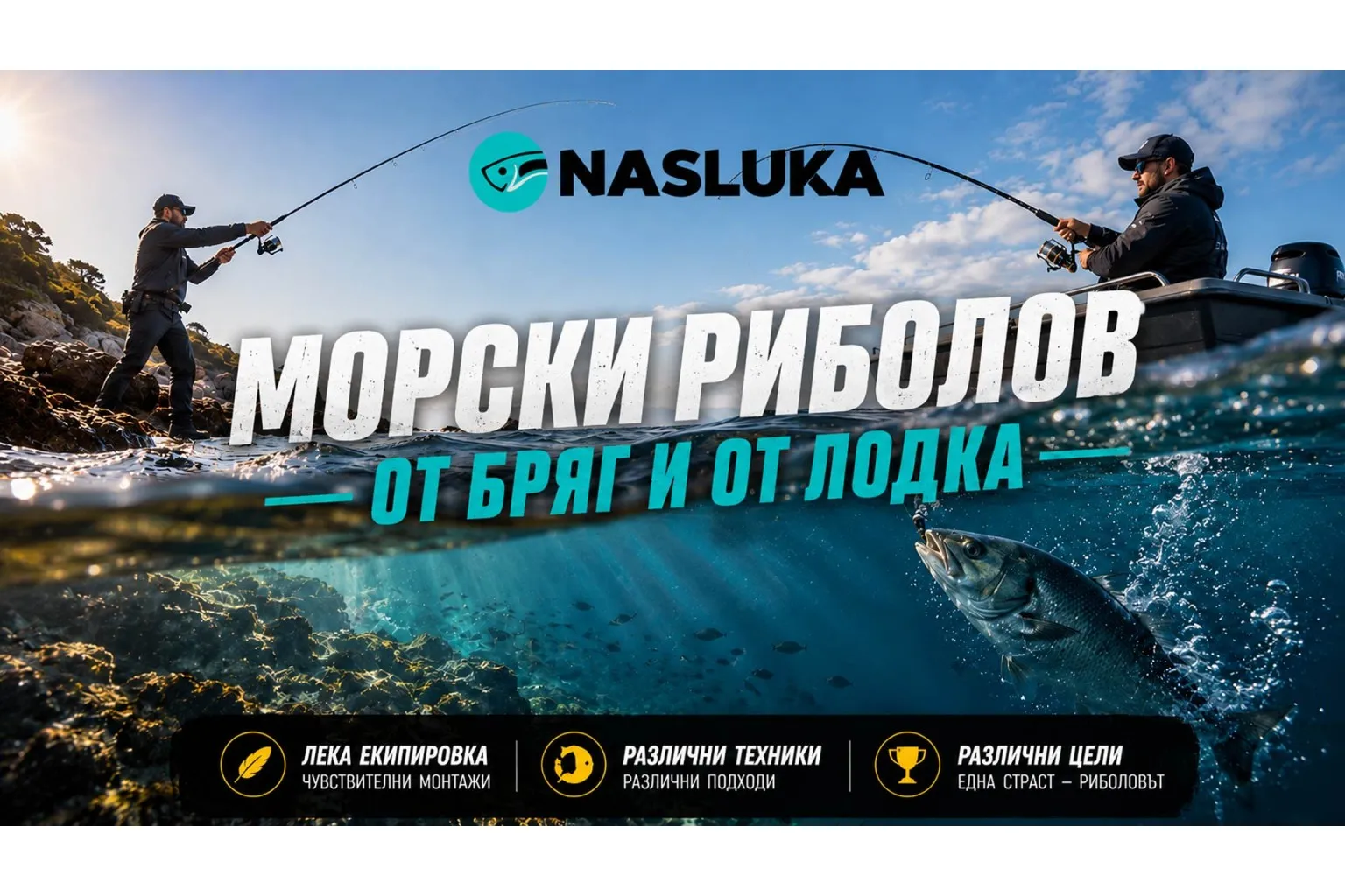 Риболовци ловят в морето от скалист бряг и от лодка