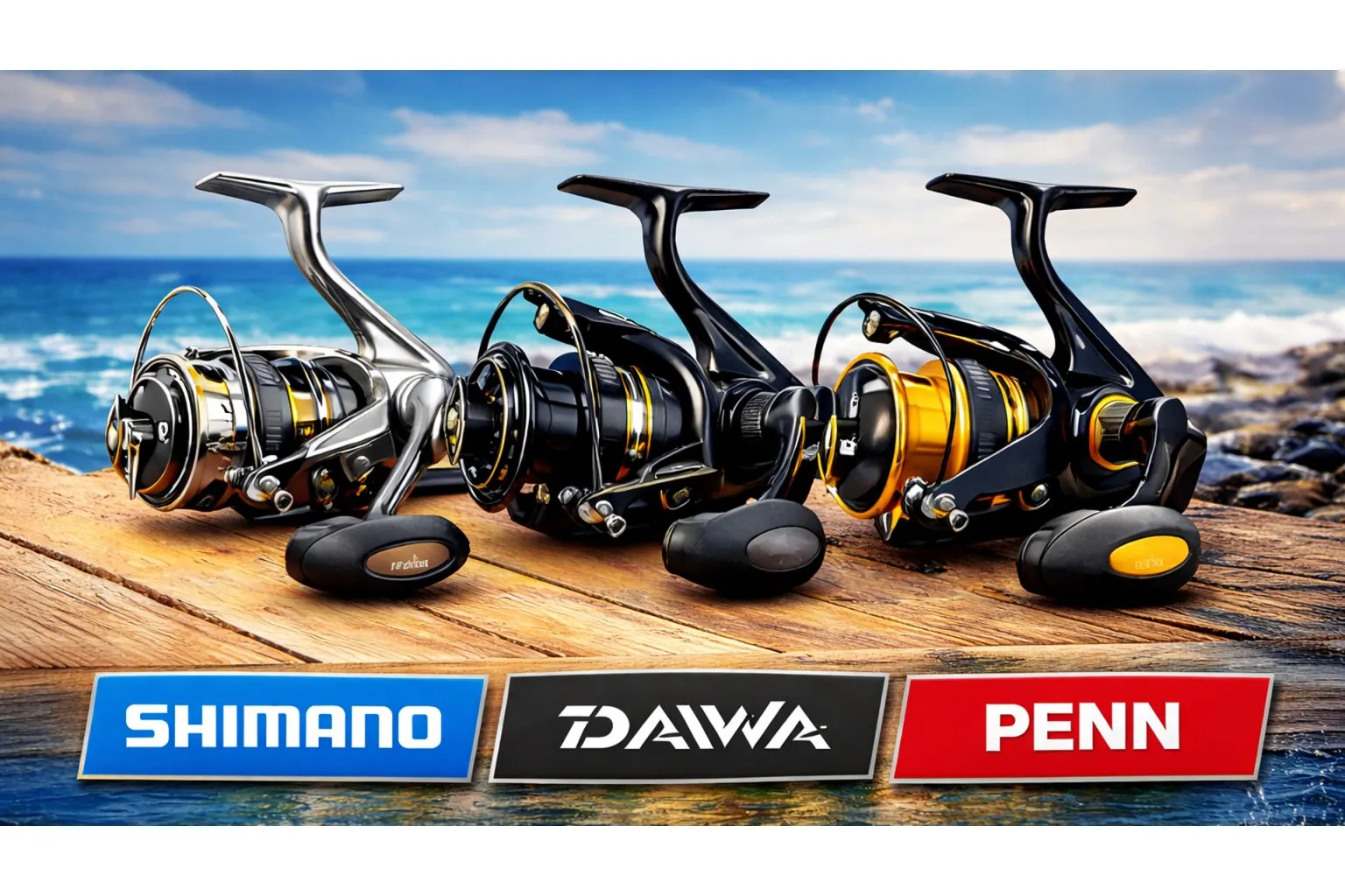 Сравнение на макари за морски риболов Shimano, Daiwa и PENN на морски фон