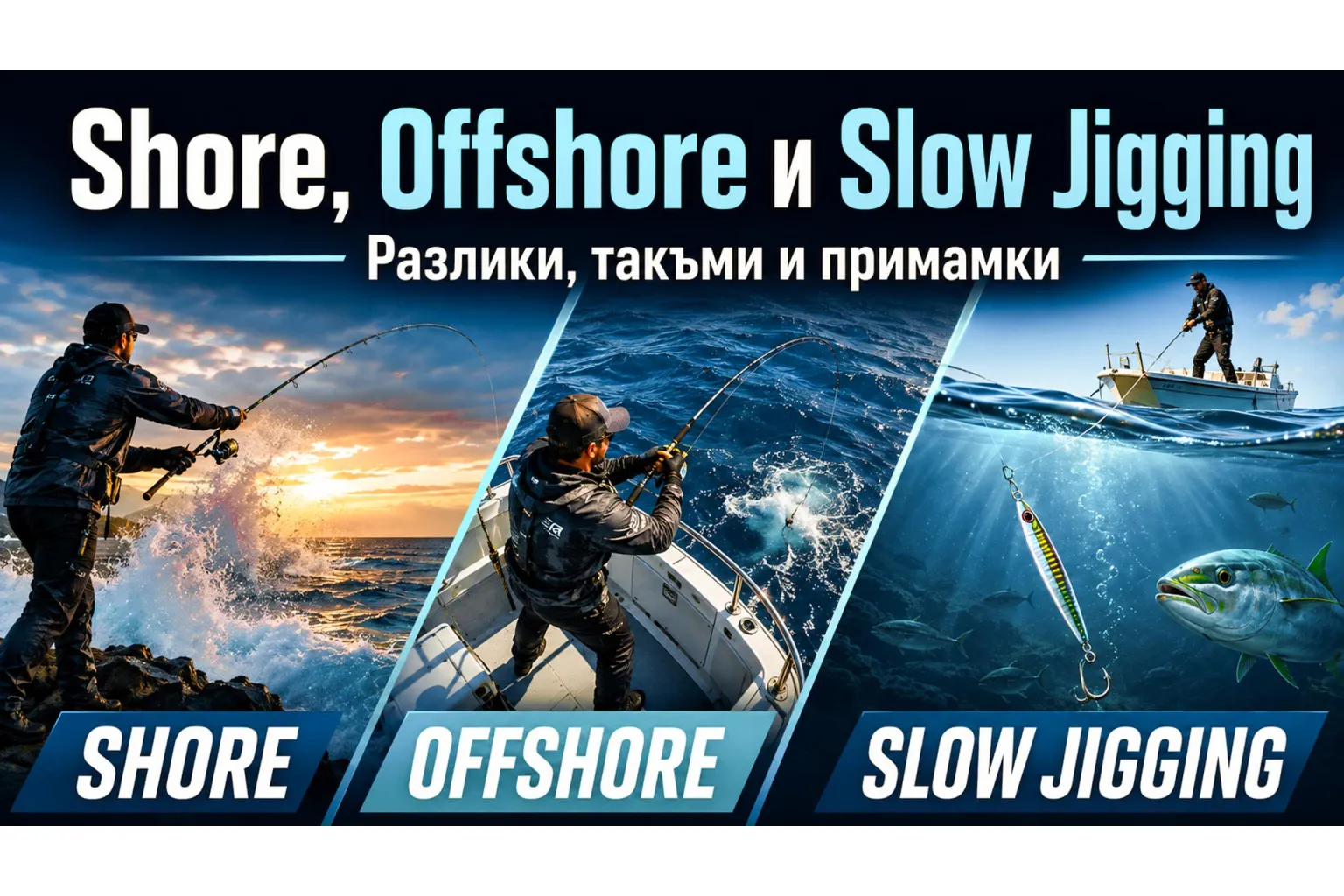Shore, offshore и slow jigging - риболов от брега, от лодка и с бавно водене