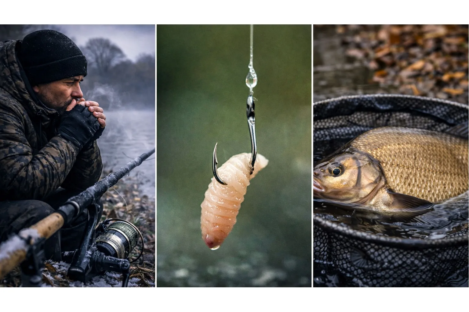 Риболовец с фидер въдица в студено време на язовир, без кълване - фидер риболов в студена вода след застудяване.