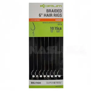 Вързани куки на косъм за метод фидер Korum Braided Hair Rigs 6"/15 см, 8 бр. Вързани куки на косъм за метод фидер Korum Braided Hair Rigs 6"/15 см, 8 бр.