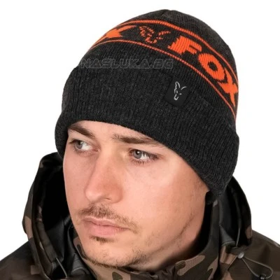 Топла зимна шапка Fox Collection Beanie - Black/Orange