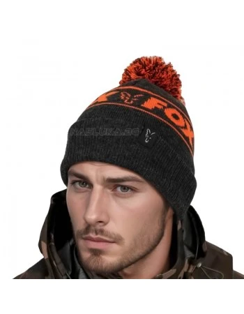 Топла зимна шапка Fox Collection Bobble Hat - Black/Orange