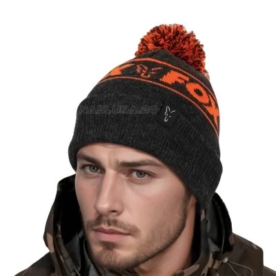 Топла зимна шапка Fox Collection Bobble Hat - Black/Orange