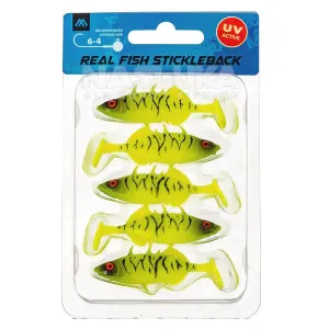 Силиконови шадове Mikado Real Fish Stickleback 5 см, 5 бр., цвят Fluo Tiger Силиконови шадове Mikado Real Fish Stickleback 5 см, 5 бр., цвят Fluo Tiger