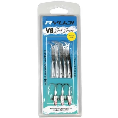 V8 Salt Series 80мм/5.5г, Black Back Комплект от 5 силиконови примамки и 3 джиг глави Ryuji V8 Salt Series 80мм/5.5г, Black Back