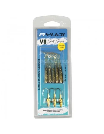 Комплект от 5 силиконови примамки и 3 джиг глави Ryuji V8 Salt Series 80мм/5.5г, Black Gold