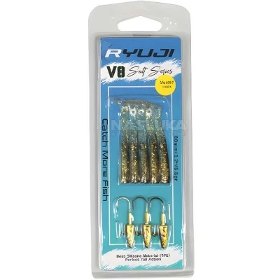 Комплект от 5 силиконови примамки и 3 джиг глави Ryuji V8 Salt Series 80мм/5.5г, Black Gold
