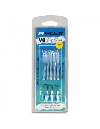 Комплект от 5 силиконови примамки и 3 джиг глави Ryuji V8 Salt Series 80мм/5.5г, Blue