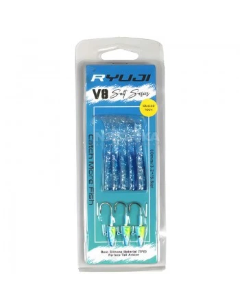 Комплект от 5 силиконови примамки и 3 джиг глави Ryuji V8 Salt Series 80мм/5.5г, Blue Glitter
