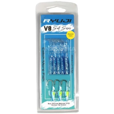 Комплект от 5 силиконови примамки и 3 джиг глави Ryuji V8 Salt Series 80мм/5.5г, Blue Glitter