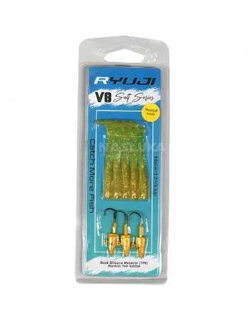 Комплект от 5 силиконови примамки и 3 джиг глави Ryuji V8 Salt Series 80мм/5.5г, Chartreuse Glow