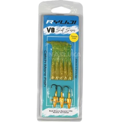 Комплект от 5 силиконови примамки и 3 джиг глави Ryuji V8 Salt Series 80мм/5.5г, Chartreuse Glow