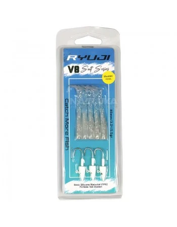 Комплект от 5 силиконови примамки и 3 джиг глави Ryuji V8 Salt Series 80мм/5.5г, White Glitter Glow