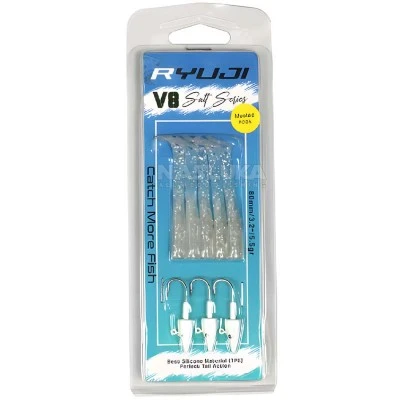 Комплект от 5 силиконови примамки и 3 джиг глави Ryuji V8 Salt Series 80мм/5.5г, White Glitter Glow