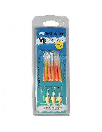 Комплект от 5 силиконови примамки и 3 джиг глави Ryuji V8 Salt Series 80мм/5.5г, Lemon Back UV